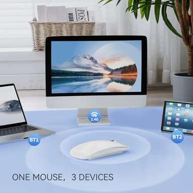 TENMOS M18 Bluetooth Mouse, USB C Rechargeable Wireless Mouse, Triple Mode (Dual Bluetooth+USB) Computer Silent Mice Portable with USB Receiver and Type C Adapter for Laptop/MacBook/iPad/PC - White - Image 3