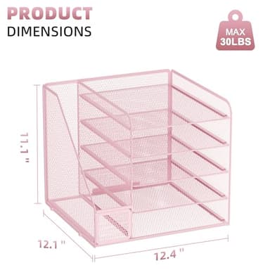 Marbrasse Desk Organizers and Accessories, 5-Tier Paper Letter Tray Organizer with File Holder, Mesh File Organizer, Office Desk Accessories & Organization for Supplies (Pink) - Image 6
