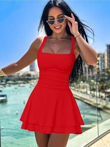 Kaximil Women's Square Neck Ruffle Hem Mini Dress Ruched Waist Short Party Dresses, Medium, Red - Image 6