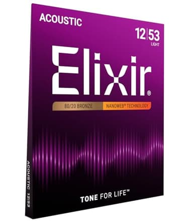 Elixir Strings, Acoustic Guitar Strings, 80/20 Bronze with NANOWEB Coating, Longest-Lasting Bright and Focused Tone with Comfortable Feel, 6 String Set, Light 12-53 - Image 1