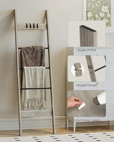 Hzuaneri Blanket Ladder for Living Room, Decorative Quilt Rack with 4 Removable Hooks, 5-Tier Farmhouse Ladder Holder Shelf Organizer for Bedroom, Greige and Black BR02105B - Image 5