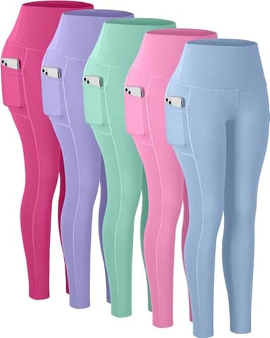 CHRLEISURE Leggings with Pockets for Women, High Waisted Tummy Control Workout Yoga Pants(5 Packs, Blue,Green,Pink,Rose,Violet, 3XL) - Image 1