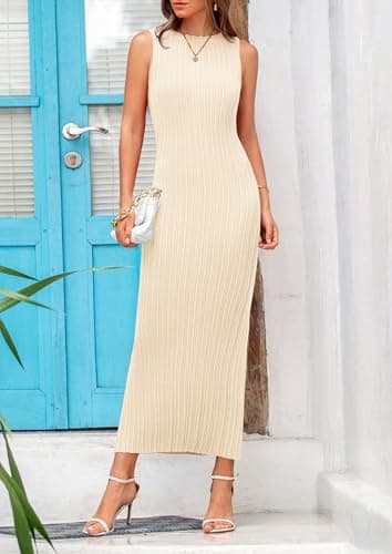 PRETTYGARDEN Women's 2025 Summer Casual Maxi Dresses Ribbed Knit Sleeveless Bodycon Elegant Going Out Beach Vacation Clothes (Apricot,Small) - Image 7