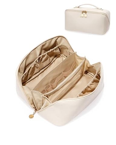 EACHY Travel Makeup Bag, Large Capacity Cosmetic Bags for Women, Waterproof Portable Open Flat Toiletry Bag Make up Bag with Divider and Handle, Gifts for Women (White, Large) - Image 1