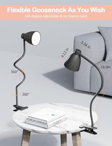 BOHON Desk Lamp 5 Color Modes 10 Brightness Dimmer Reading Light 10W 38 LED Clamp Lamp with Auto Off Timer 360° Flexible Gooseneck Clip on Light for Bed Bedside, AC Adapter Include - Image 5