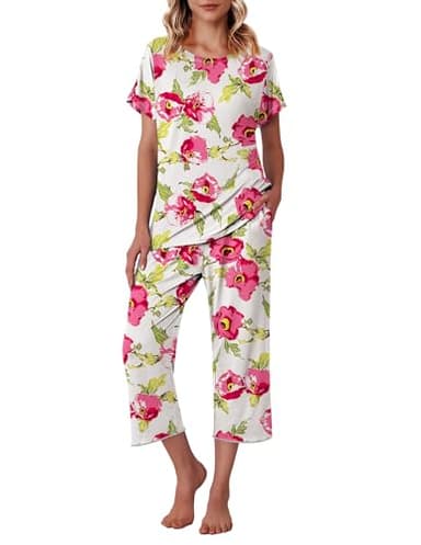 Ekouaer Women's Capri Pajama Sets Floral Print Short Sleeve Sleepwear Top and Capri Pants 2 Piece Loungewear with Pockets Pink Big Flowers L - Image 1