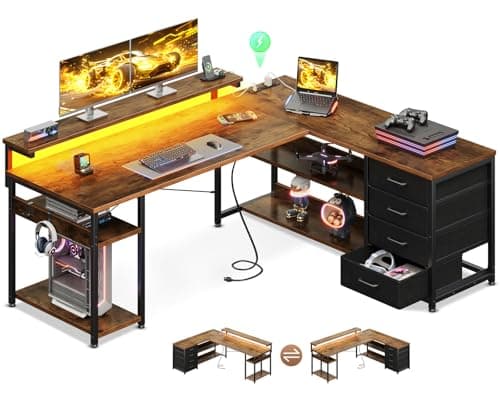 AODK 53" L Shaped Desk with Drawer, Computer Desk with Power Outlets & LED Lights, Reversible Corner Gaming Desk for Home Office Workstation, Office Desk with Monitor Shelf, Vintage - Image 1