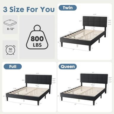 DUMOS Queen Bed Frame with Headboard, Wood Queen Platform Bed No Box Spring Needed, Fabric Upholstered Bed Frame with Adjustable Headboard, 800LBS Support,Noise Free, Dark Grey - Image 8