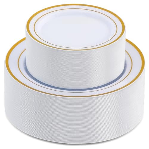 AOZITA 100 Pcs Gold Plastic Plates for Party, Disposable Heavy Duty Plastic Plates - 50 Dinner Plates and 50 Salad Plates for Party Wedding - Image 1