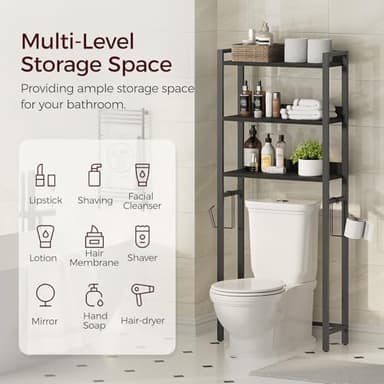 MAHANCRIS Over The Toilet Storage Rack, 3 Tier Bathroom Organizer Over Toilet, Freestanding Space Saver Toilet Stand with 2 Hooks, Bathroom Storage Shelf, Easy to Assemble, Black TSBK6001 - Image 3