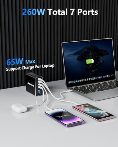 Aluminum Alloy 260W USB C Charger Block GaN III PD 65W Fast USB C Charging Station 7 Ports 65W Laptop Charger for MacBook Pro/Air/iPad Pro/iPhone (Grey Black-5C2A) - Image 2