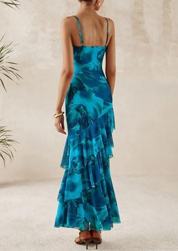 PRETTYGARDEN Maxi Dresses for Women 2025 Summer Tiered Floral Beach Sundress Spaghetti Strap Wedding Guest Long Dress (Print Blue Green,Medium) - Image 2