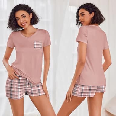 Ekouaer Womens Pajama Sets Short Sleeve Pajamas for Women Sets Soft Lounge Sets Casual V Neck Sleepwear PJS Pink Plaid - Image 2