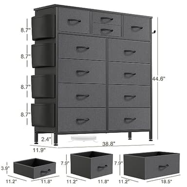 Lulive Dresser for Bedroom with 12 Drawers, Tall Dresser Chest of Drawers with Side Pockets and Hooks, Fabric Dresser Storage Tower for Closet, Hallway, Living Room (Dark Grey) - Image 3