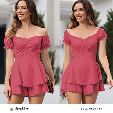 Fixmatti Lady Strapless Jumpsuit Shorts Off The Shoulder Ruffle Chiffon Romper Casual Summer One Piece Outfits Rose Red XL - Image 6