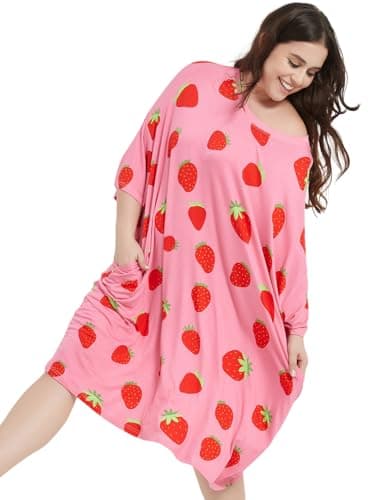 KFUBUO Plus Size Nightgowns for Women Oversized Sleep Tshirts Dress Pjs Lounge Short Sleeves Strawberry Sleepwear With Pocket Fit S-5XL - Image 4