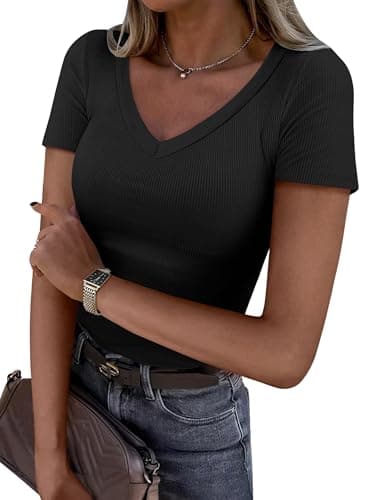 ANRABESS Women Short Sleeve V Neck Ribbed Knit Fitted Shirts Basic Tees Tops 2025 Summer Casual T-Shirts Going Out Outfits Black XX-Large - Image 1