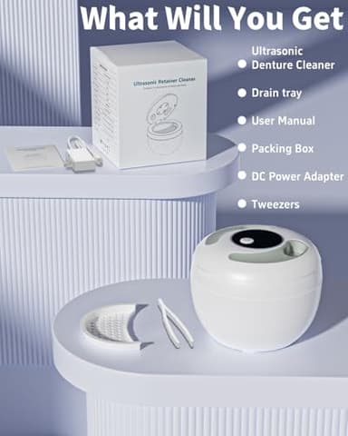Dental Ultrasonic Retainer Cleaner Machine 45kHz, UV Denture Cleaner with 4 Modes Digital Timer, Portable 200ML UltraSonic Cleaning Pod for Night Mouth Guard, Aligner, Braces, Jewelry and More-White - Image 9
