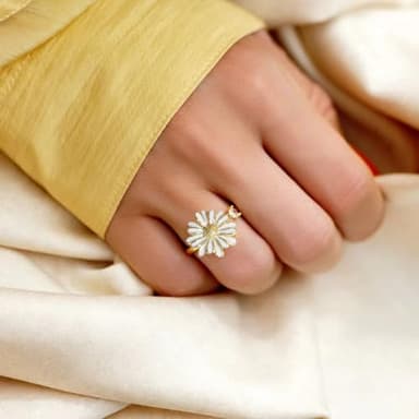Aoeam Sunflower Fidget Ring - Silver Sunshine Spinning Daisy Adjustable Anti-Anxiety Spinner Ring with Cubic Zircon - Gift for Teens, Women - Image 3