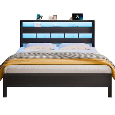 Furnulem Queen Bed Frame with Storage Headboard and LED Lights, Metal Bedframe with Charging Station and USB Port, Queen Size Platform Bed with Heavy Duty Slats, No Box Spring Needed, Black Oak - Image 9