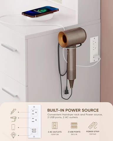 LIVELYGLOW Large Makeup Vanity Desk, 43.3”W x 15.7“D x 53.2”H, White (Large Desktop, Samrt LED Mirror, 4 Open Shelves, 7 Drawers, Hairdryer Rack, Power-Outlet, No Cushion Stool Included) - Image 7