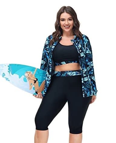 Hanna Nikole Women's Plus Size 3 Piece Rash Guard Swimsuits Long Sleeve Swimwear for Surfing Blue Leaf 24W - Image 7