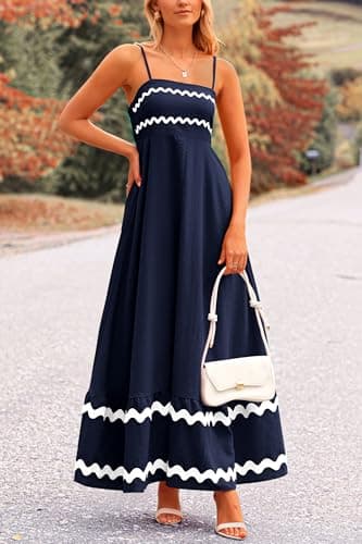 PRETTYGARDEN Women's 2025 Summer Flowy Maxi Dress Casual Sleeveless Spaghetti Strap Ruffle Beach Long Dresses (Dark Blue,X-Large) - Image 5