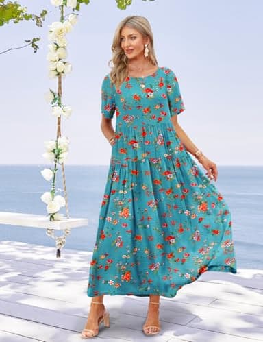 YESNO Women Casual Loose Bohemian Floral Dress with Pockets Short Sleeve Long Maxi Summer Beach Swing Dress XL EJF CR14 - Image 3