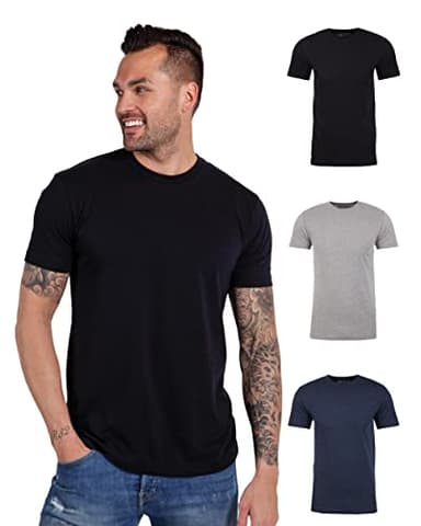 INTO THE AM Men's Fitted Crewneck Essential Blank Tees 3-Pack - Tshirts Multipack Casual Fitted Gym Fresh Classic Plain Fashion Short Sleeve Undershirts (Black/Grey/Navy, X-Large) - Image 1