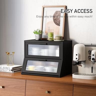 GHWIE Double Layer Bamboo Bread Box for Kitchen Counter,Large Capacity Bread Storage Bin,Bread Container with Acrylic Wavy Door Panel (Black, Medium) - Image 5