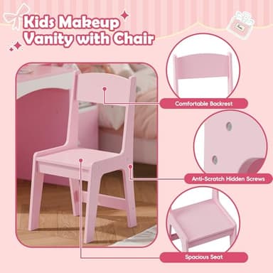 MU Kids Vanity with Lights, Princess Makeup Vanity Desk with Open Bookshelf, Storage Cabinet & Shelves, 2 in 1 Toddler Vanity Table & Chair Set with Lighted Mirror for Little Girls, Pink - Image 6