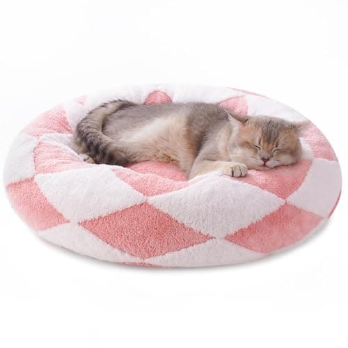MEWOOFUN Cat Beds for Indoor Cats, Washable Cute Cat Bed Donut Small Dog Bed, Calming Pet Bed with Jacquard Shaggy Plush & Non-Slip Bottom, Ped Bed for Puppy and Kitten (23 inch, Pink Check Plush) - Image 1