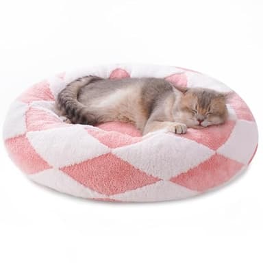 MEWOOFUN Cat Beds for Indoor Cats, Washable Cute Cat Bed Donut Small Dog Bed, Calming Pet Bed with Jacquard Shaggy Plush & Non-Slip Bottom, Ped Bed for Puppy and Kitten (23 inch, Pink Check Plush) - Image 1