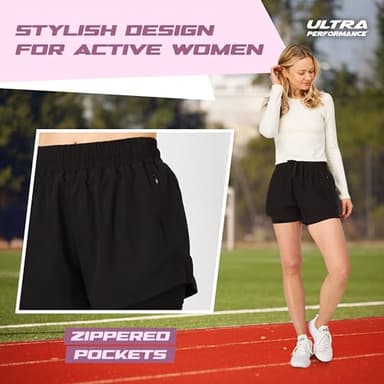 Ultra Performance Gym Shorts Women Pack of 2, Nylon Compression Workout Shorts Women with Liner, Medium Black, Navy - Image 4