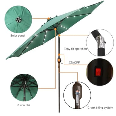 Blissun 9 ft Solar Umbrella, Patio Umbrella with 32 LED Lights, Outdoor Table Market Umbrella for Garden, Deck, Backyard (Seaglass) - Image 2