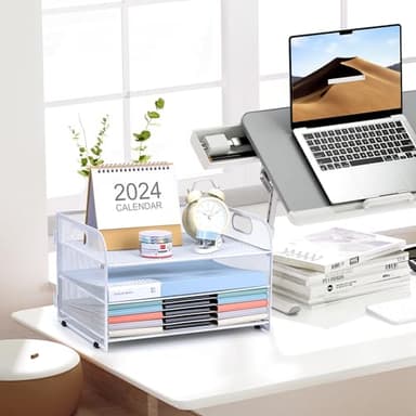 NCXTKJ 3-Tier Letter Tray Paper Organizer with Handle,Compact Mesh Desk File Organizer for Home Office Supplies Desktop Accessories,White - Image 2