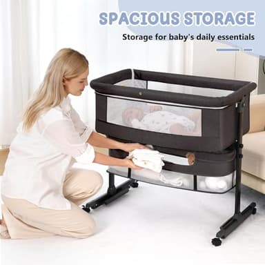 Baby Bassinet, 3 in 1 Bedside Bassinets for Baby, Bassinet Bedside Sleeper with Wheels, Adjustable Height with Rocking Mode, Breathable Mesh, Storage Basket, Easy Assemble & Folding (Dark Gray) - Image 5