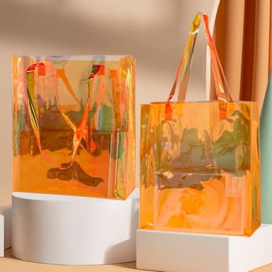 TotePrint Large Orange Holographic Tote Shopping Bag Waterproof Sandproof Iridescent Beach Totes Bags with Handle for Women (D2109-6 Orange) - Image 5