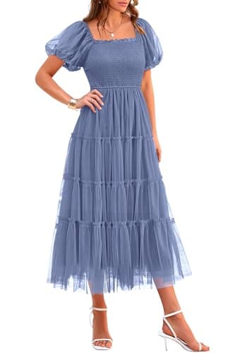 PRETTYGARDEN Women's Smocked Midi Tulle Dress 2025 Summer Puffy Short Sleeve Square Neck Ruffle Wedding Guest Party Dresses (Grey Blue,Large) - Image 1