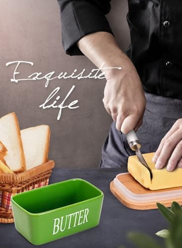 Butter Dish with Lid, Home Decor, Large Butter Dish for Countertop Ceramic Butter Keeper Container with Knife and High-Quality Silicone Sealing Butter Box Good Kitchen Gift Green - Image 6