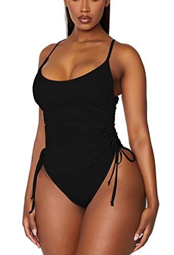 Viottiset Women's Ruched Drawstring One Piece Swimsuit Cheeky High Cut Tummy Control Swimwear Black X-Large - Image 1