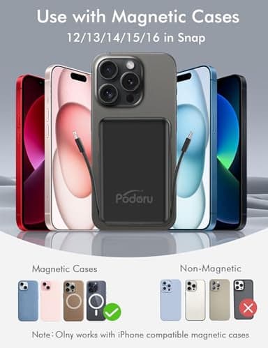 podoru for Magsafe Battery Pack, 10000mAh Magnetic Power Bank Built-in USB C Lighting Cables 22.5W PD Fast Charging LED Display Wireless Portable Charger for iPhone 16/15/14/13/12/ All Series-Black - Image 6