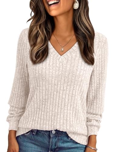 AUTOMET Womens V Neck Long Sleeve Shirt Fall Fashion Tops Tunic Dressy Casual Sweater Clothes Cute Trendy Work Outfits 2025 Apricot M - Image 1