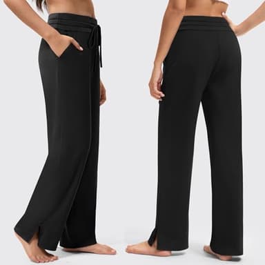 addigi Yoga Pants Women High Waisted Wide Leg Pants with Pockets Drawstring Loose Stretch Dress Pants Comfy Lounge Sweatpants Regular Black Large - Image 2