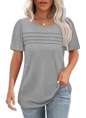 Summer Tops for Women Short Sleeve Shirts Dressy Business Casual Ladies Blouses Cute Pleated Plus Size Women's Clothing Tshirts Grey 3XL - Image 1