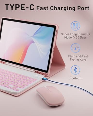 TUNKARMOR for iPad A16 11th / 10th Generation Case with Backlit Keyboard - 7 Color Change for iPad 10th Gen 2022 & 11th Gen 2025 A16 10.9/11 inch Cover - Built-in Pencil Holder with Mouse - Pink - Image 5