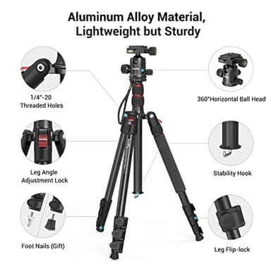 SmallRig Camera Tripod, 71" Foldable Aluminum Tripod/Monopod, 360°Ball Head Detachable, Payload 33lb, Adjustable Height from 16" to 71" for Camera, Phone - Image 4
