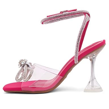 Shoe Land Women’s Clear Rhinestone Bow Heels – Double Bowknot & Adjustable Ankle Strap | Crystal Stiletto High Heels with Square Open Toe for Wedding & Party ClearFuchsia, Size 8.0, SL-Naomi - Image 4