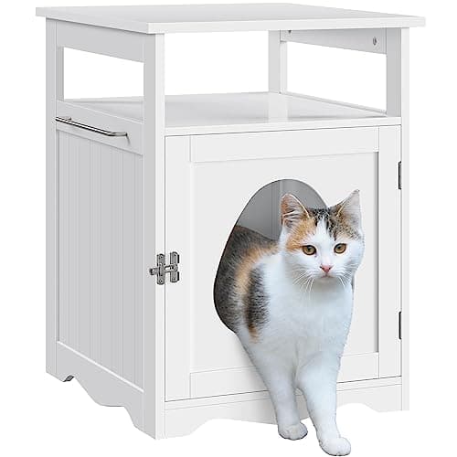 Yaheetech Cat Litter Box Enclosure, Hidden Litter Box Furniture with Open Shelf, Indoor Cat Washroom, Storage Cabinet Pet Crate, Side End Table, Wooden Pet House White - Image 1