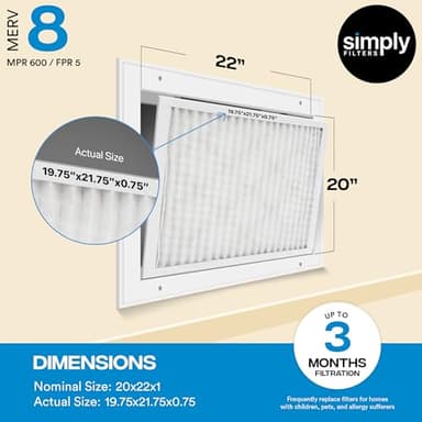 Simply 20x22x1 Air Filter, Merv 8, MPR 600, 6 Pack, For Home AC Furnace & HVAC (Actual Size: 19.75"x21.75"x0.75") DUST, Pet, & Allergy Control - Image 3